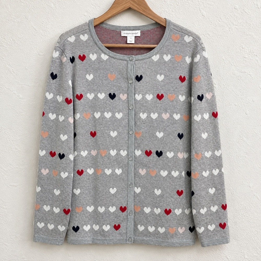 Christopher & Banks Heart Print Cardigan Sweater XL Gray Button Front Knit Top